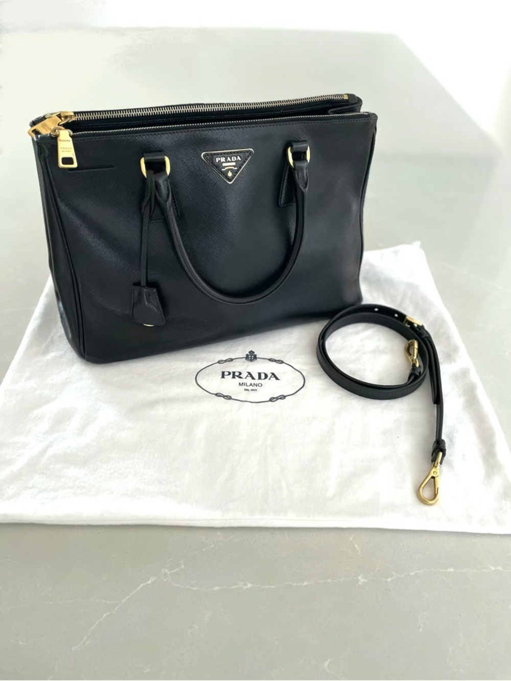 Prada Galleria Saffiano Leather Medium Black Bag Gold hardware w/ dust bag